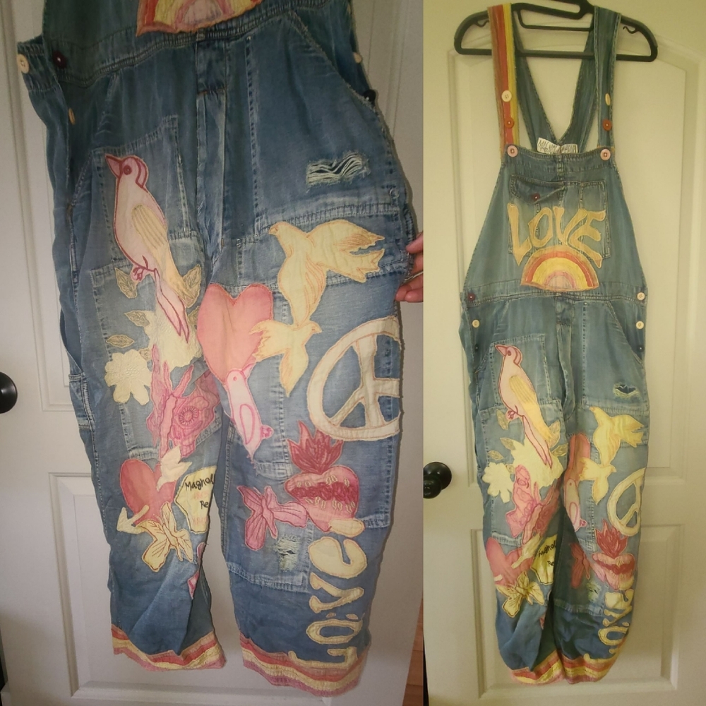 New Magnolia Pearl Love Applique Overalls Woodstock 032 Overall Denim Jeans jean - Picture 12 of 17